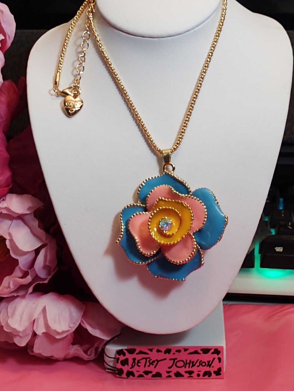 Betsey Johnson Blue Pink Yellow Flower Pendant Necklace with Gold Chain